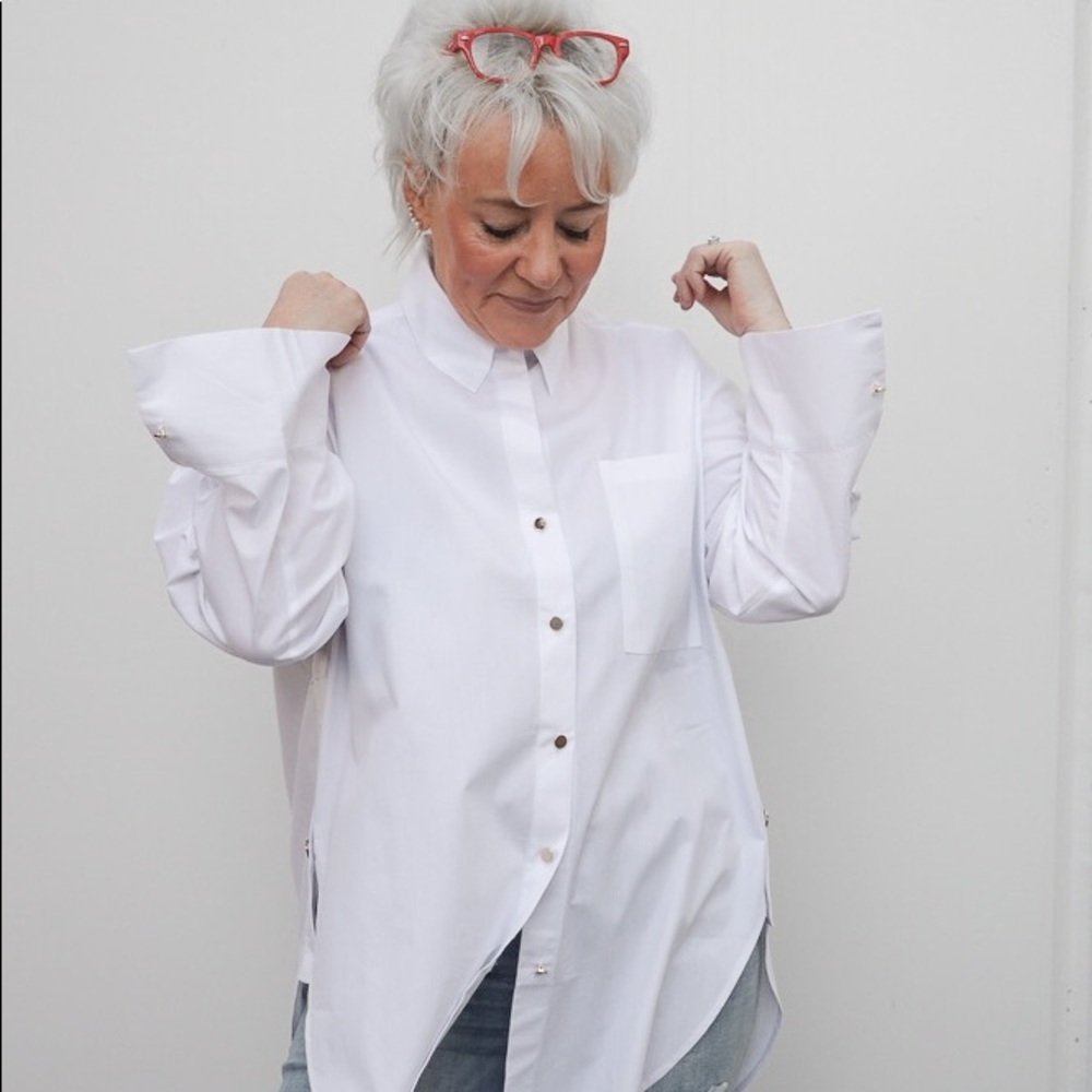 Crisp white button down long shirt